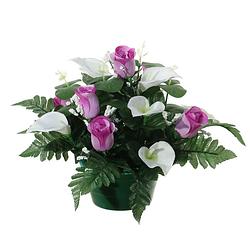 Foto van Louis maes kunstbloemen plantje in pot - wit/paars - 26 cm - bloemstuk ornament - rozen met bladgroen - kunstbloemen