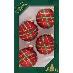 Foto van 12x stuks luxe glazen kerstballen 7 cm rood velvet met ruit - kerstbal