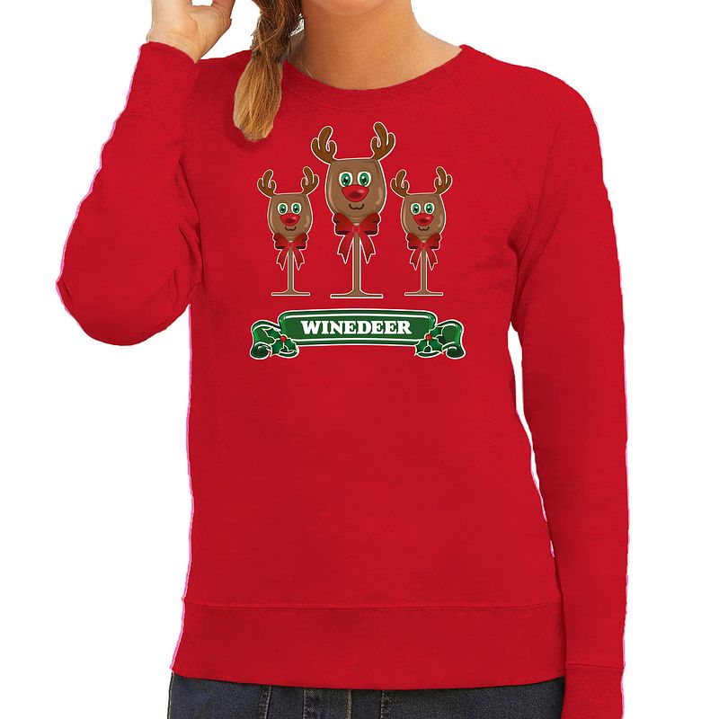 Foto van Bellatio decorations foute kersttrui/sweater dames - winedeer - rood - wijn - rendier - rudolf xs - kerst truien