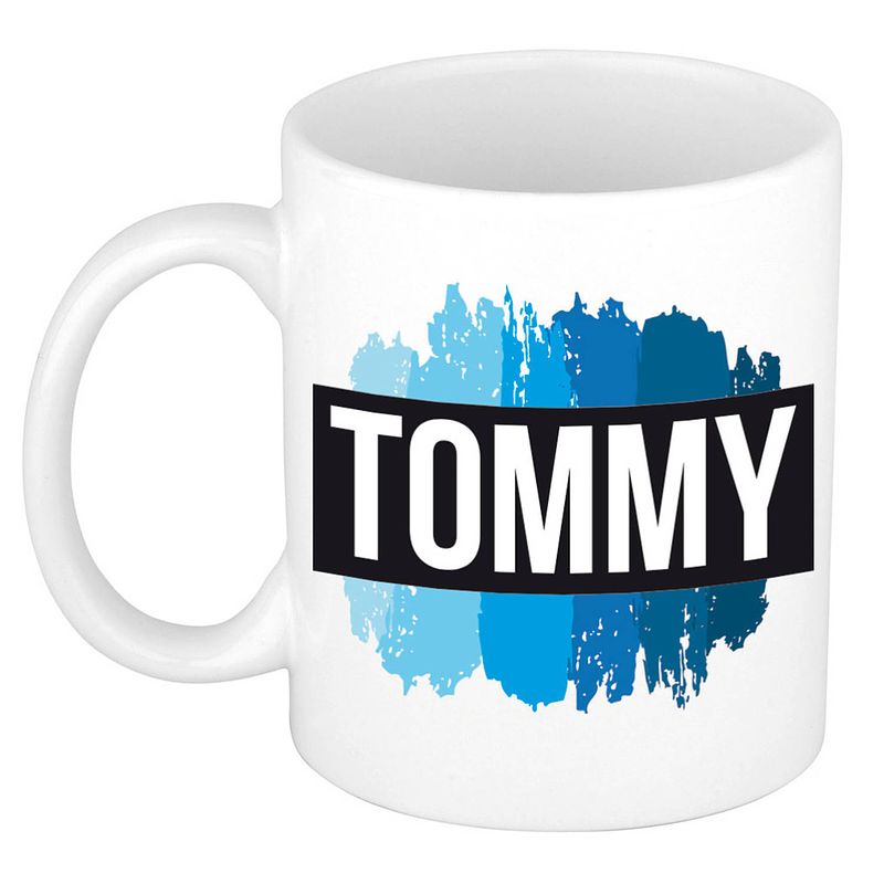 Foto van Naam cadeau mok / beker tommy met blauwe verfstrepen 300 ml - naam mokken