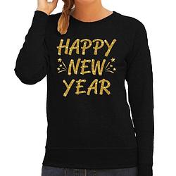 Foto van Jaarwisseling trui / sweater happy new year goud op zwart voor dames s (36) - feesttruien