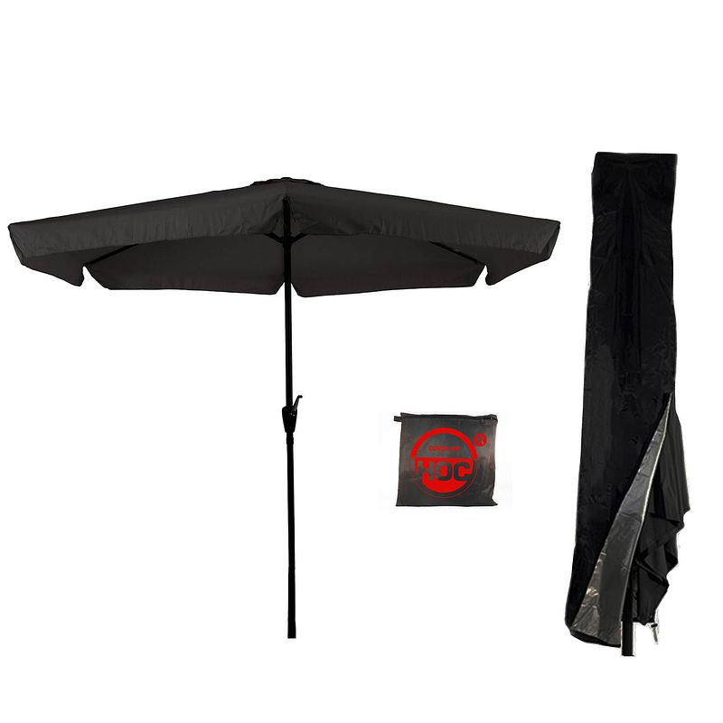 Foto van Parasol gemini - zwart - 3m - stokparasol - zwarte parasol met redlabel parasolhoes