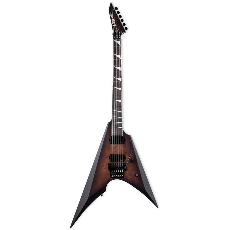 Foto van Esp ltd deluxe arrow-1000 qm dark brown sunburst satin elektrische gitaar