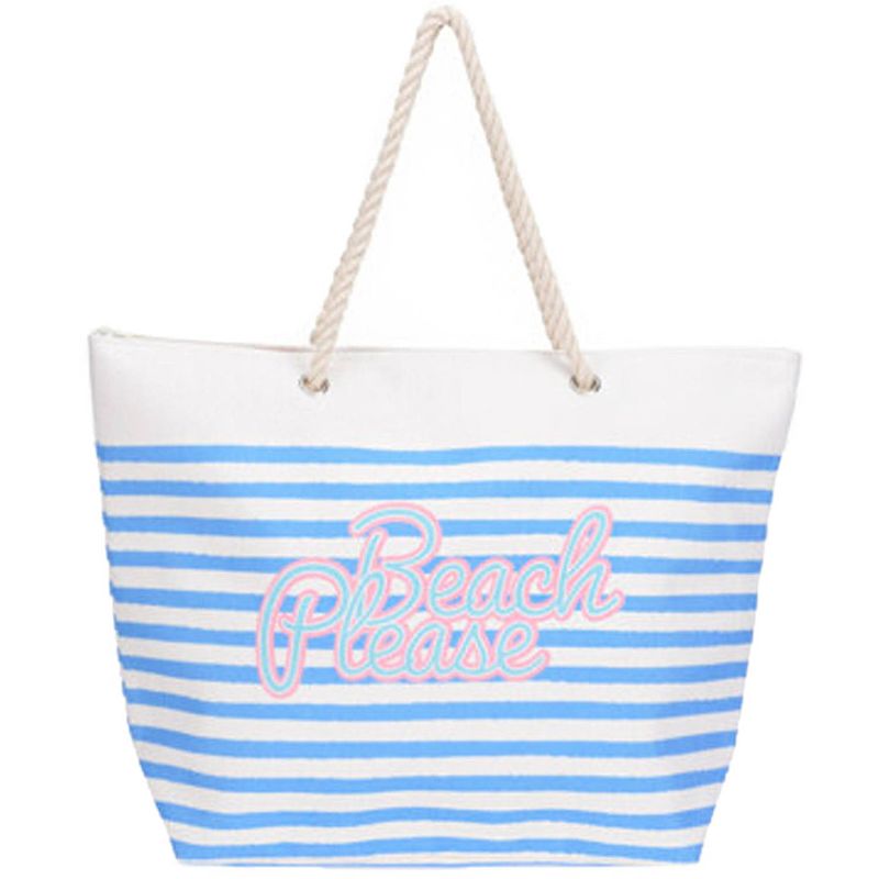 Foto van Strandtas met handvat wit/blauw gestreept met beach please print polyester 38 x 39 cm - strandtassen