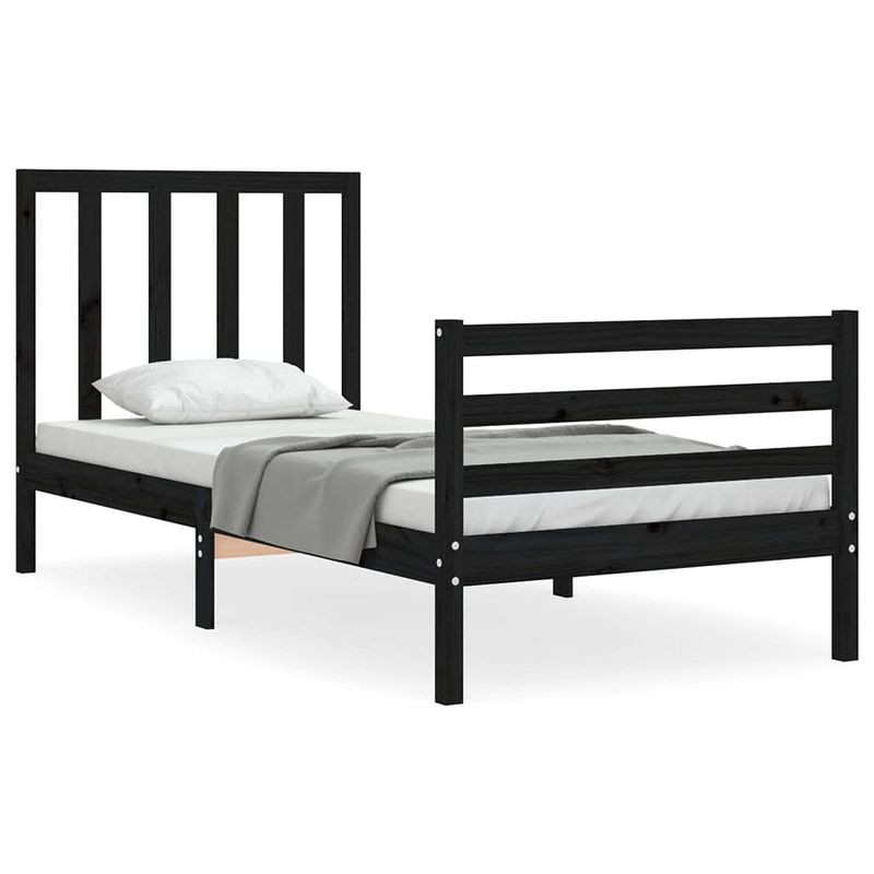 Foto van The living store massief grenenhouten bedframe - zwart - 205.5 x 105.5 x 100 cm - multiplex lattenbodem