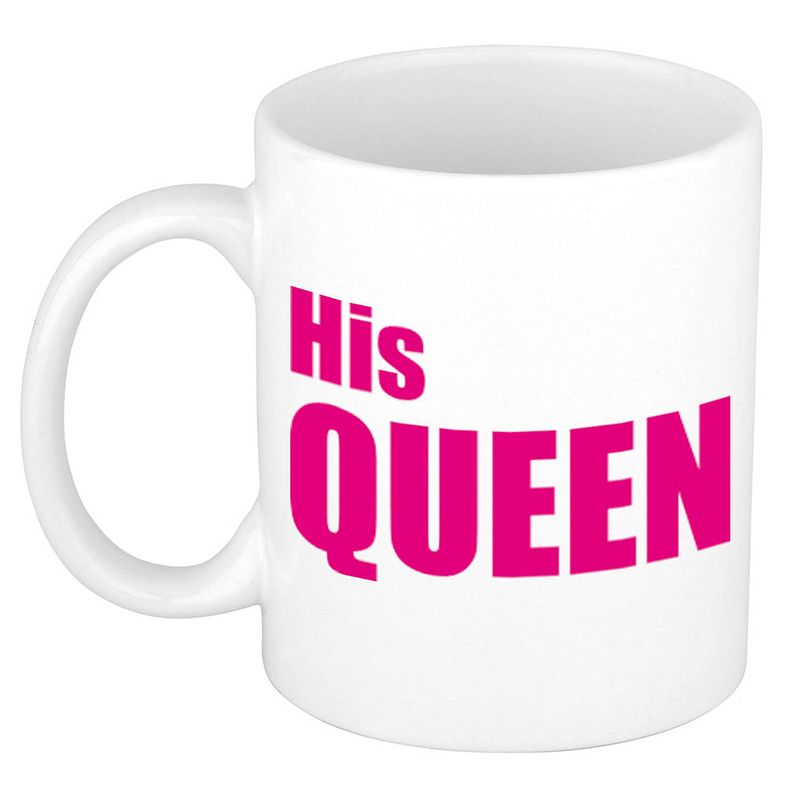 Foto van His queen cadeau mok / beker wit met roze letters 300 ml - feest mokken