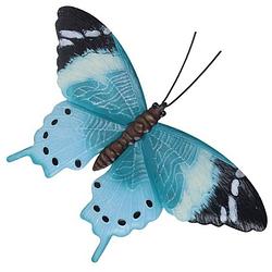Foto van Tuin/schutting decoratie lichtblauw/zwarte vlinder 35 cm - tuinbeelden
