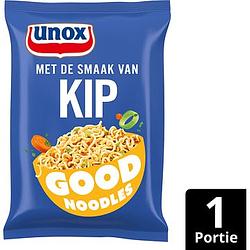 Foto van 2 zakken soep a 570 ml, pakken cupasoup a 3 stuks of single verpakkingen noodles of pasta | unox good noodles kip 70g aanbieding bij jumbo