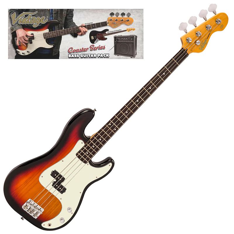 Foto van Vintage vip-v40sb coaster series 3-tone sunburst bass pack elektrische basgitaar set met versterker