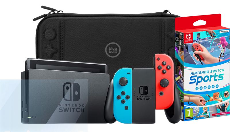 Foto van Nintendo switch rood/blauw + nintendo switch sports + screenprotector + beschermhoes