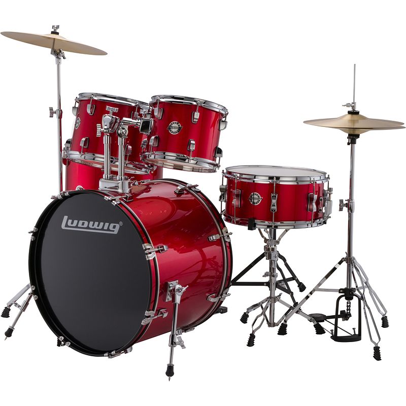 Foto van Ludwig lc17514 accent drive red foil 5-delig drumstel inclusief hardware en bekkens