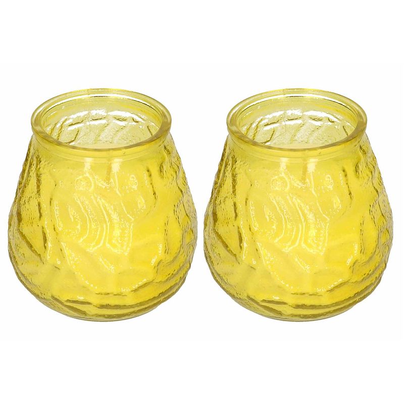 Foto van 2x stuks citrus geurkaars in glazen houder geel - geurkaarsen