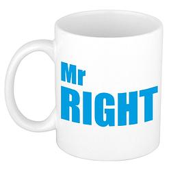 Foto van Mr right cadeau mok / beker wit met blauwe letters 300 ml - feest mokken