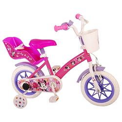 Foto van Disney minnie cutest ever! kinderfiets - meiden - 12 inch - roze - doortrapper - met mandje voor en poppenzitje achter