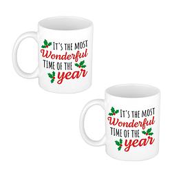 Foto van 4x stuks most wonderful time of year kerstmis cadeau kerstmok / kerstbeker wit 300 ml - bekers