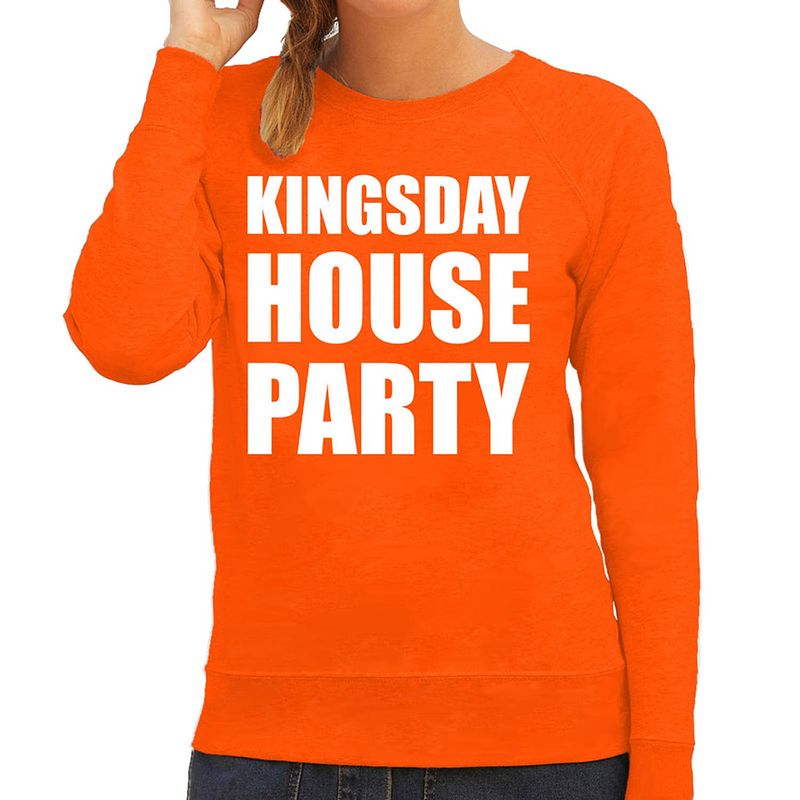 Foto van Woningsdag kingsday house party sweater / trui voor thuisblijvers tijdens koningsdag oranje dames xl - feesttruien