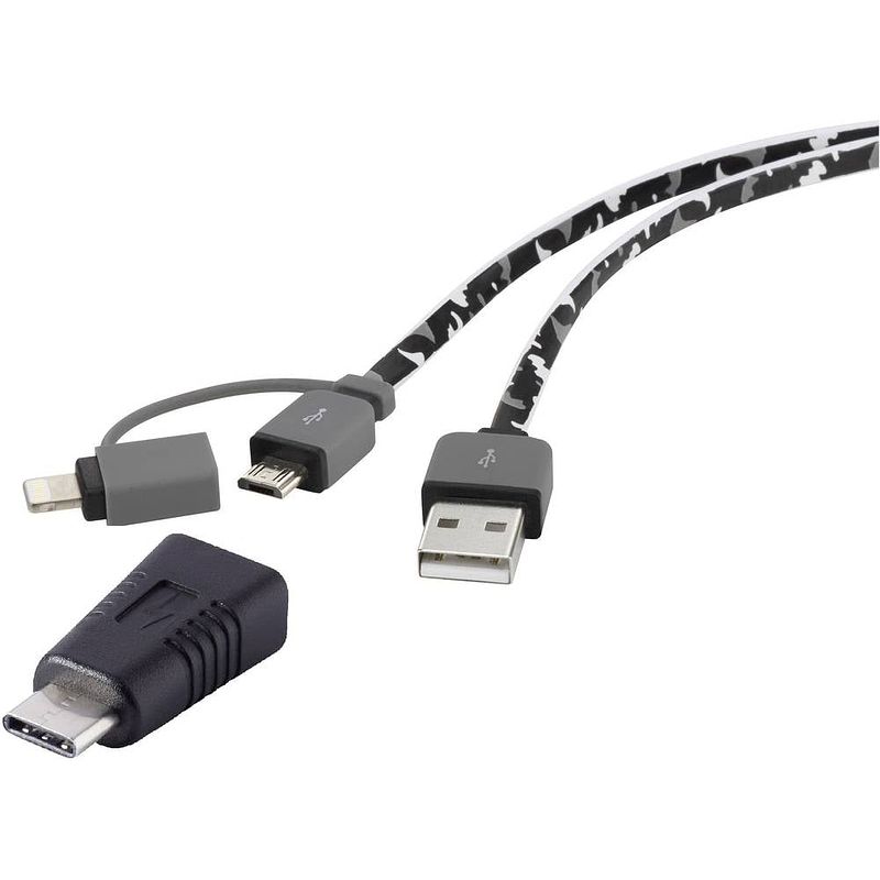 Foto van Renkforce usb-kabel usb 2.0 usb-a stekker, usb-c stekker, usb-micro-b stekker, apple lightning stekker 0.20 m camouflage zeer flexibel, vergulde