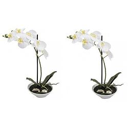 Foto van 2x kunstplanten witte orchidee/phalaenopsis in pot 38 cm - kunstbloemen