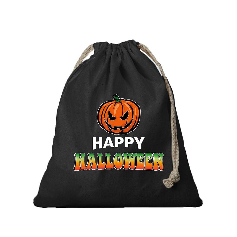 Foto van Halloween - 1x katoenen happy halloween snoep tasje met pompoen zwart 25 x 30 cm - verkleedtassen