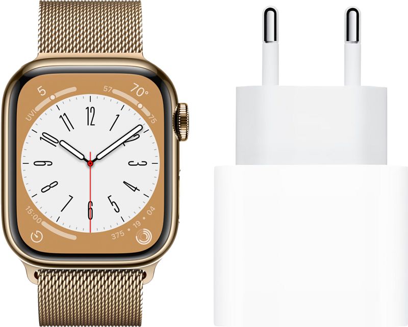 Foto van Apple watch series 8 4g 45mm goud rvs milanese polsband + oplader