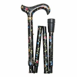 Foto van Classic canes opvouwbare wandelstok - zwart - bloemen - aluminium - derby handvat - lengte 82 - 92 cm