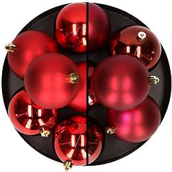 Foto van 12x stuks kunststof kerstballen 8 cm mix van donkerrood en rood - kerstbal