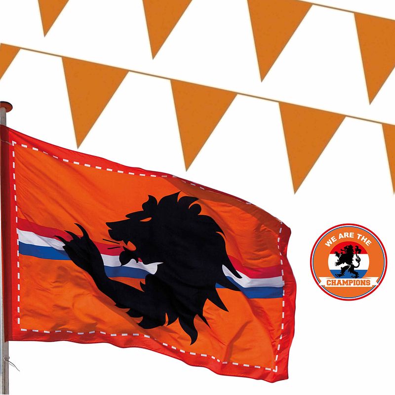 Foto van Oranje versiering buiten pakket 2x mega holland vlag + 100 meter vlaggetjes - feestpakketten