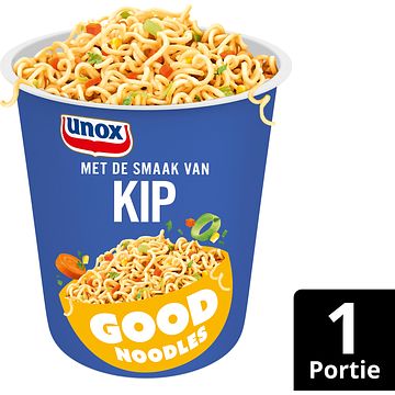 Foto van 2 zakken soep a 570 ml, pakken cupasoup a 3 stuks of single verpakkingen noodles of pasta | unox good noodles cup kip 65g aanbieding bij jumbo