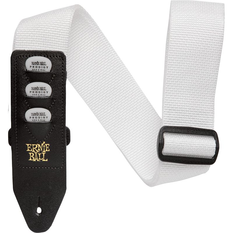 Foto van Ernie ball 4259 pickholder strap white gitaarband met plectrumhouder