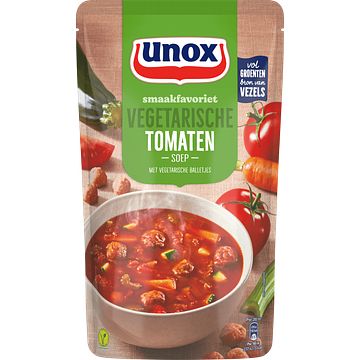 Foto van 2 zakken soep a 570 ml, pakken cupasoup a 3 stuks of single verpakkingen noodles of pasta | unox smaakfavoriet soep in zak vegetarische tomaten 570ml aanbieding bij jumbo
