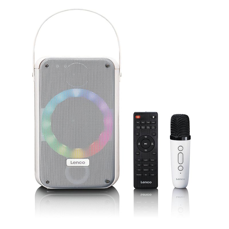 Foto van Karaoke set met bluetooth®, oplaadbare batterij, draadloze karaoke microfoon en disco led-verlichting lenco wit