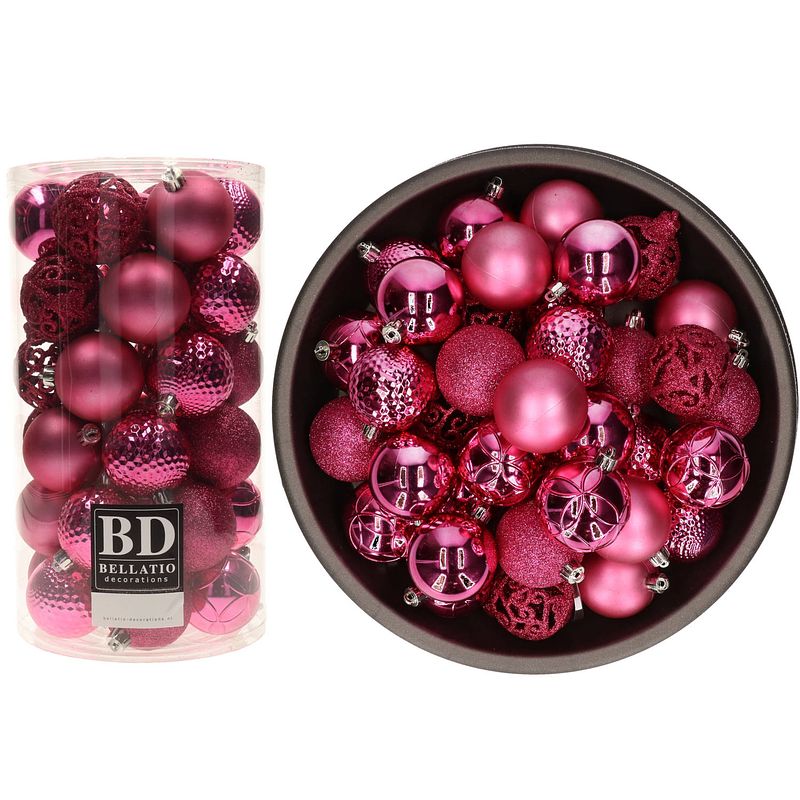 Foto van 74x stuks kunststof kerstballen fuchsia roze 6 cm glans/mat/glitter mix - kerstbal