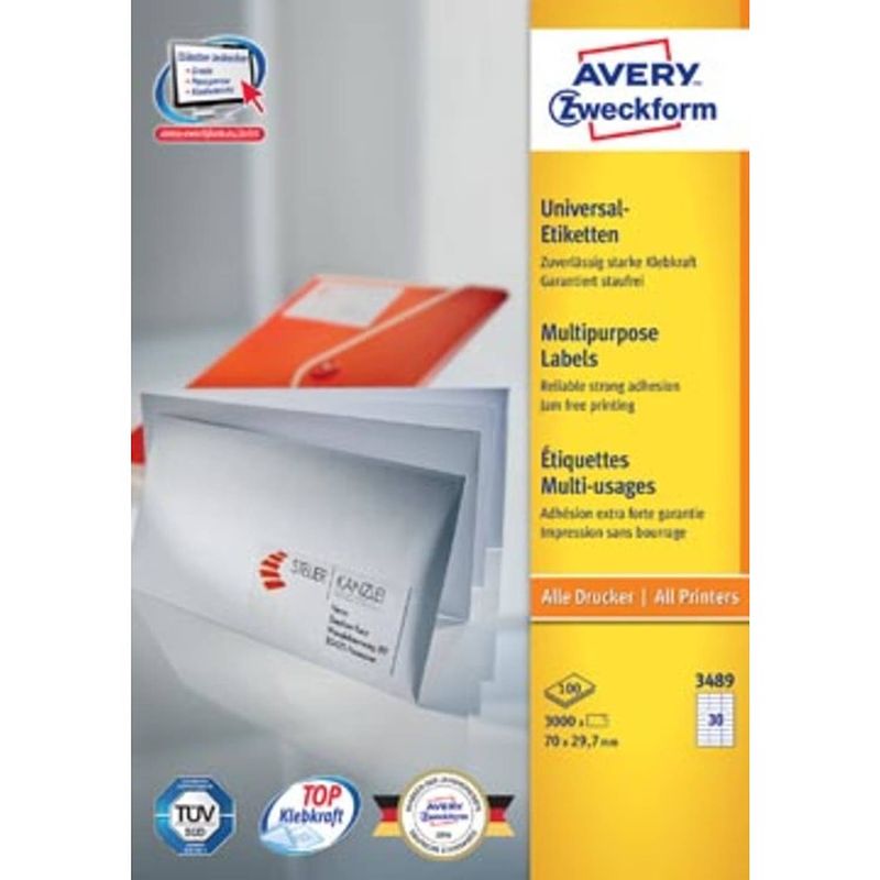 Foto van Avery witte etiketten quickpeel ft 70 x 29,7 mm (b x h), 3.000 stuks, 30 per blad, doos van 100 blad