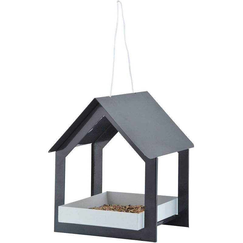 Foto van Metalen vogelhuisje/voedertafel hangend antraciet 23 cm - vogelhuisjes
