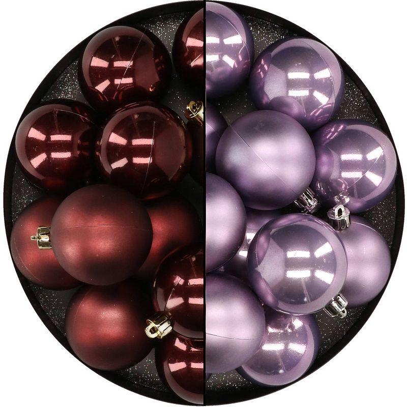 Foto van Kunststof kerstballen 6 cm - 24x stuks - bruin en lila paars - kerstbal