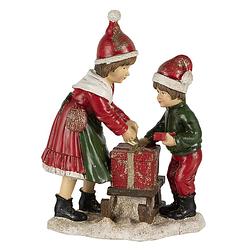 Foto van Clayre & eef kerstdecoratie beeld kinderen 15*10*20 cm rood, groen kunststof decoratief figuur decoratieve accessoires