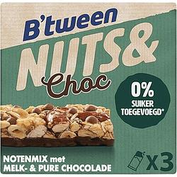 Foto van B'stween nuts & choc notenmix met melk & pure chocolade 3 x 32g bij jumbo