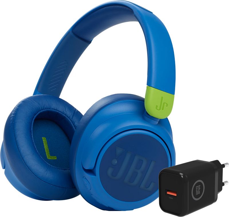 Foto van Jbl jr460nc blauw + bluebuilt quick charge oplader met usb a poort