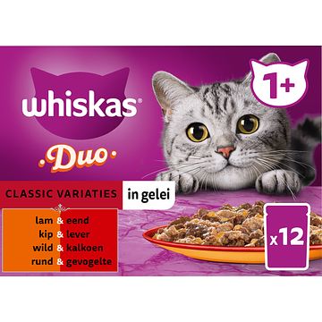 Foto van Whiskas 1+ natvoer duo classic variaties in gelei maaltijdzakjes 12 x 85g bij jumbo