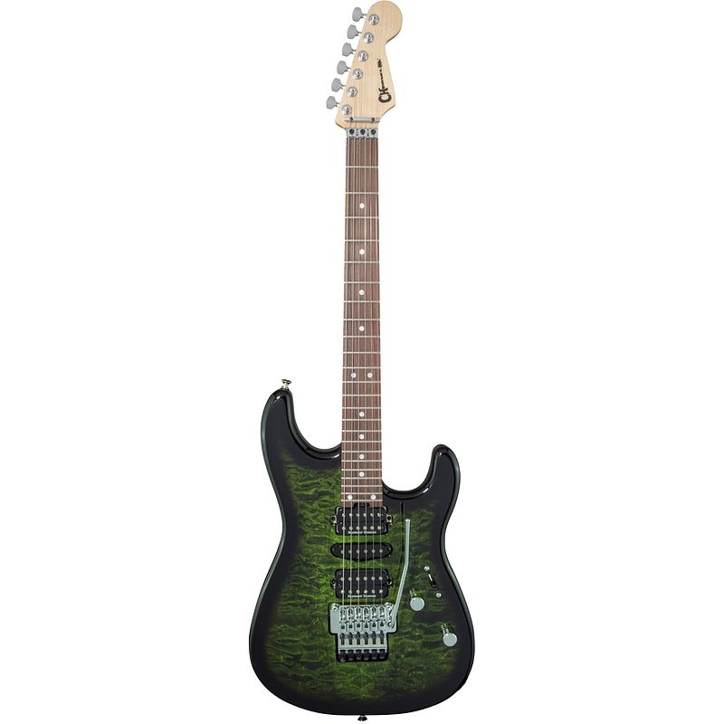 Foto van Charvel mj san dimas style 1 hsh fr pf qm pf transparent green burst elektrische gitaar met hardshell gigbag