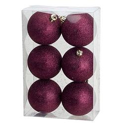 Foto van 6x stuks kunststof glitter kerstballen aubergine roze 8 cm - kerstbal