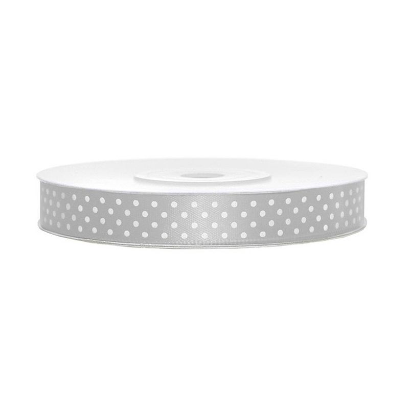 Foto van 1x hobby/decoratie zilver satijnen sierlinten met witte stippen1,2 cm/12 mm x 25 meter - cadeaulinten