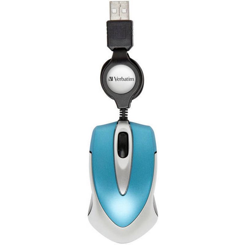 Foto van Verbatim go mini muis usb optisch caribsch blauw 3 toetsen 1000 dpi met kabelroller