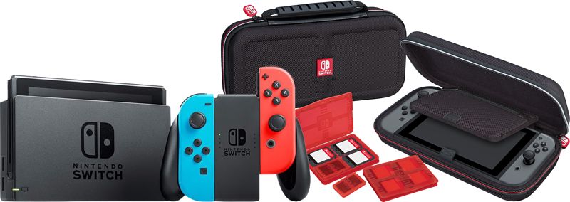 Foto van Nintendo switch rood/blauw + bigben nintendo switch travel case zwart