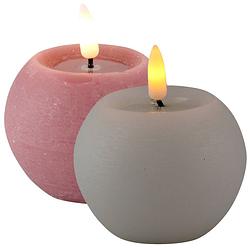 Foto van Led kaarsen/bolkaarsen - 2x- rond - roze en wit -d8 x h7,5 cm - led kaarsen