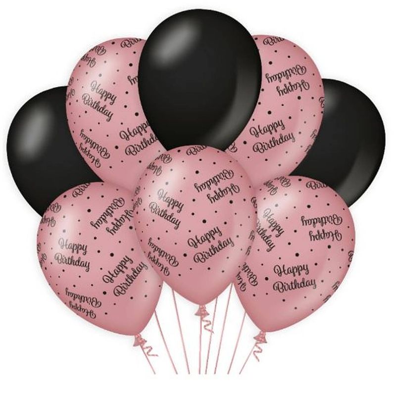 Foto van Paper dreams ballonnen happy birthday latex roze/zwart 8-stuks