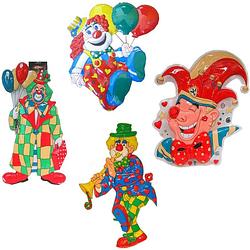 Foto van Carnaval versiering clowns - 4x grote wand decoraties 60 cm - feestpakketten