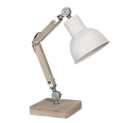 Foto van Haes deco - bureaulamp - industrial - vintage / retro lamp, 15x15x47 cm - bruin/wit hout metaal - tafellamp, sfeerlamp
