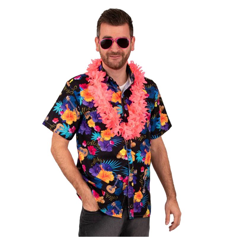 Foto van Hawaii shirt/blouse - verkleedkleding - heren - tropische bloemen - zwart 52 (l) - carnavalsblouses