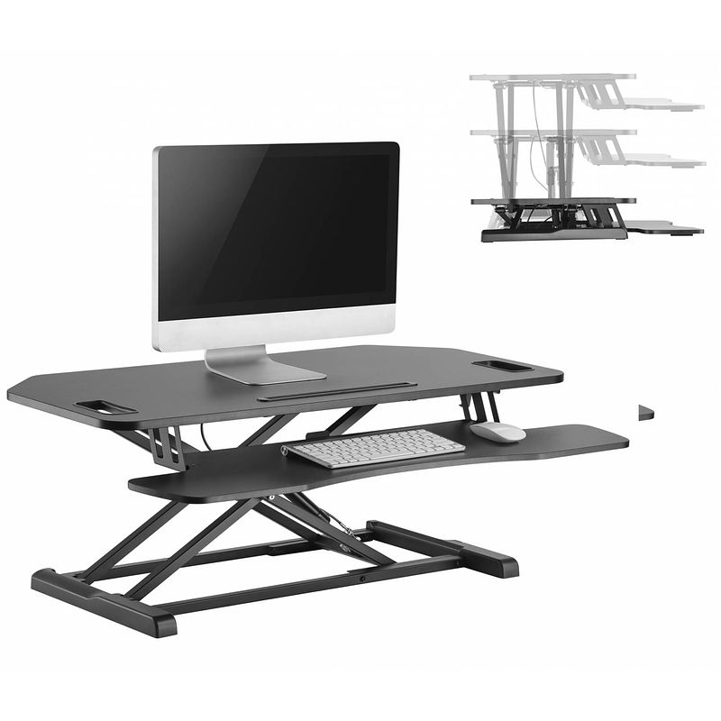 Foto van Bureau verhoger zit sta werkplek - ergonomisch hoogte verstelbaar bureau - 95 cm breed